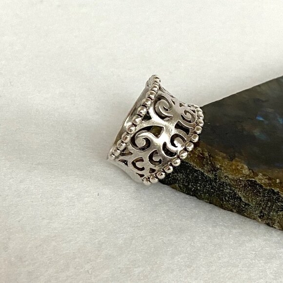 Sterling Silver 925 Curved Pierced Scrollwork 0.5" Wide Band Ring Size 6.5 - Picture 5 of 16